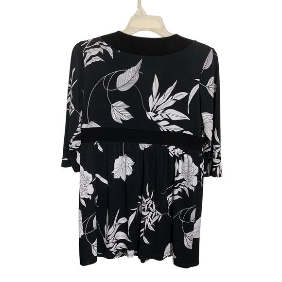Travel Smith Low Cut V Neck Black White Y2k Dressy Floral Tunic Sz M - Picture 2 of 9